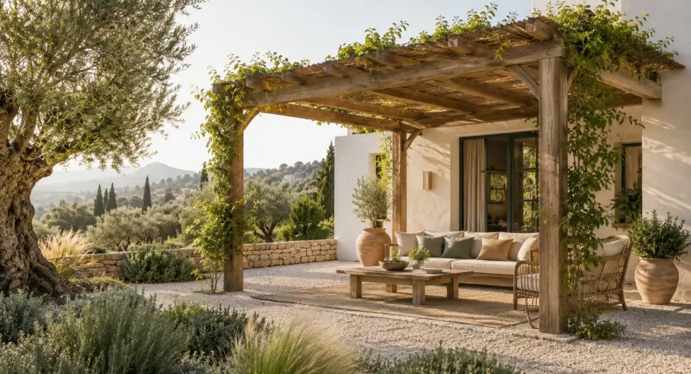 Pérgola de madera en jardín mediterráneo con zona de estar y vegetación natural