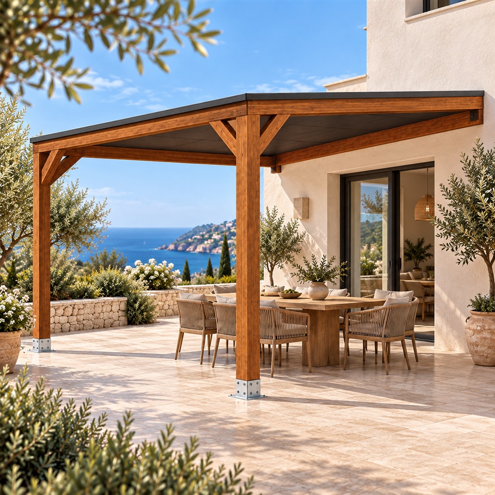 Pérgola madera 4x4 Techada Anexada