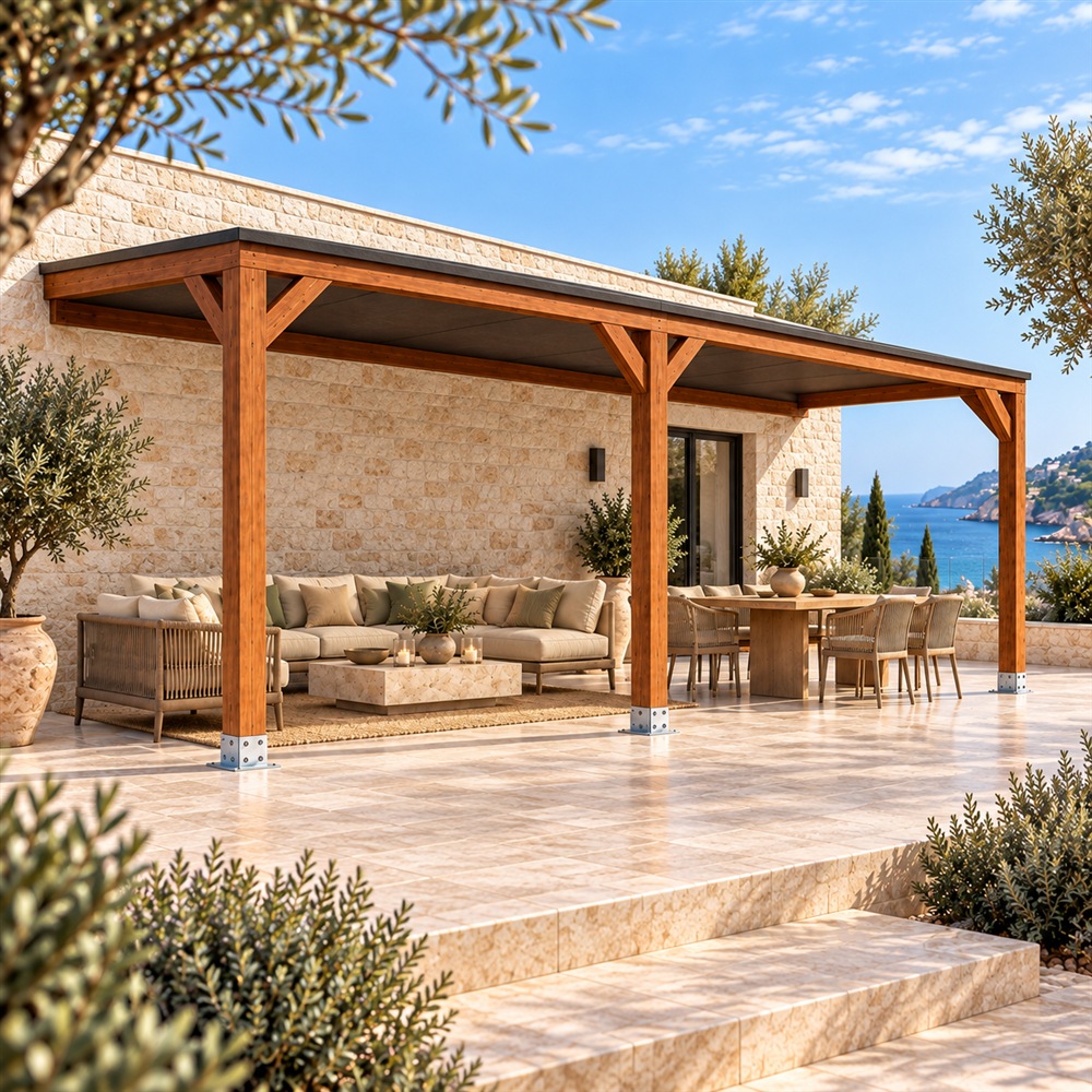 Pérgola madera 6x3 Techada Anexada